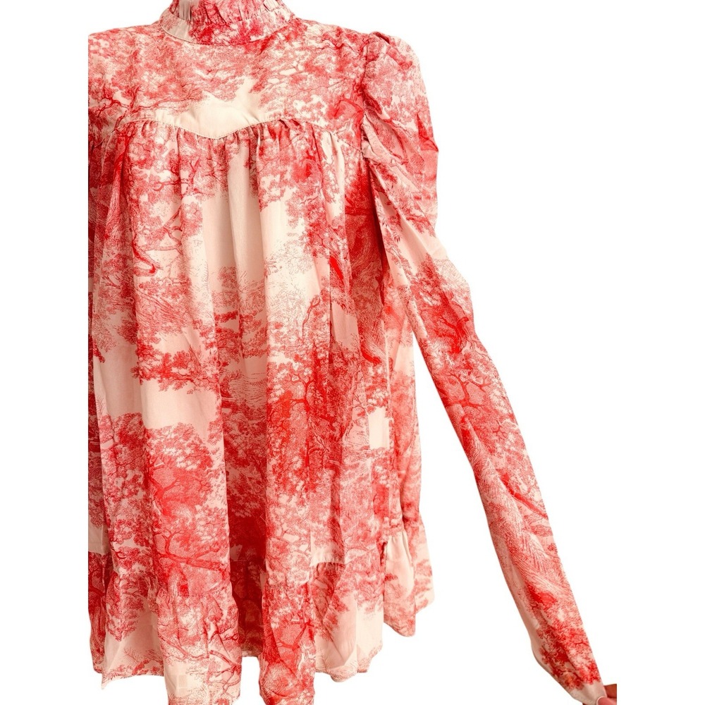 In The Style Babydoll Mini Dress 10 Pink Beige Toile High Neck Puff Sleeve Mock - Picture 6 of 14